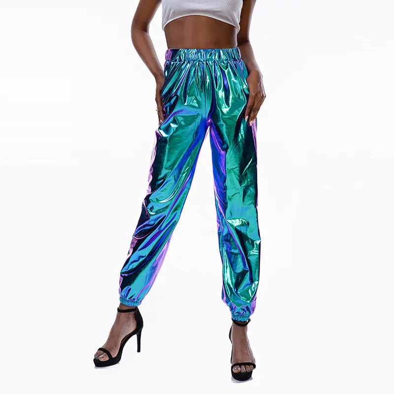 Women Fashion Casual Bright Leather Laser Jogger Pants