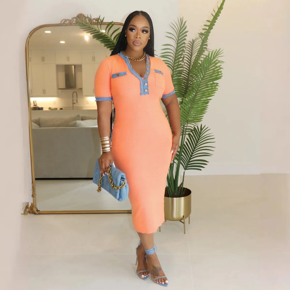Women Denim Stitching V-Neck Sleeveless Tight Dress
