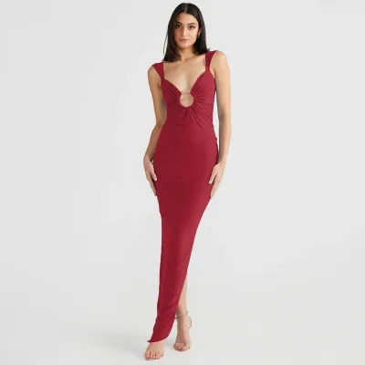 Women Fashion Sexy V-Neck Backless Split Tight Maxi Dress