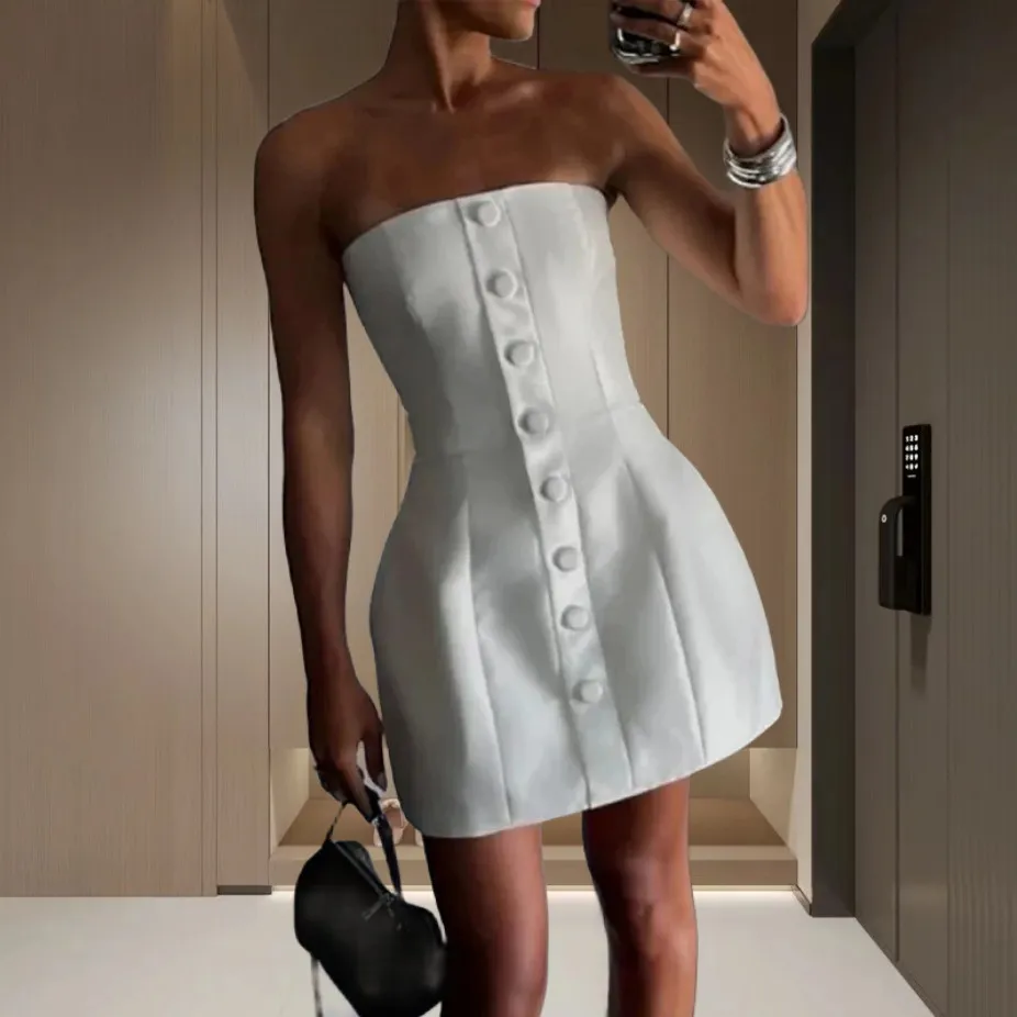 Summer Women Chic Solid Color Tube Top Mini Dress