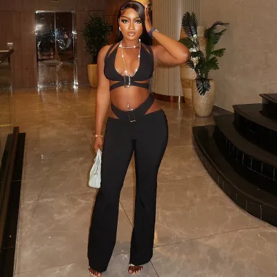 Women Fashion Sexy Halter Neck Cutout Metal Trim Top Pants Two-Piece Set
