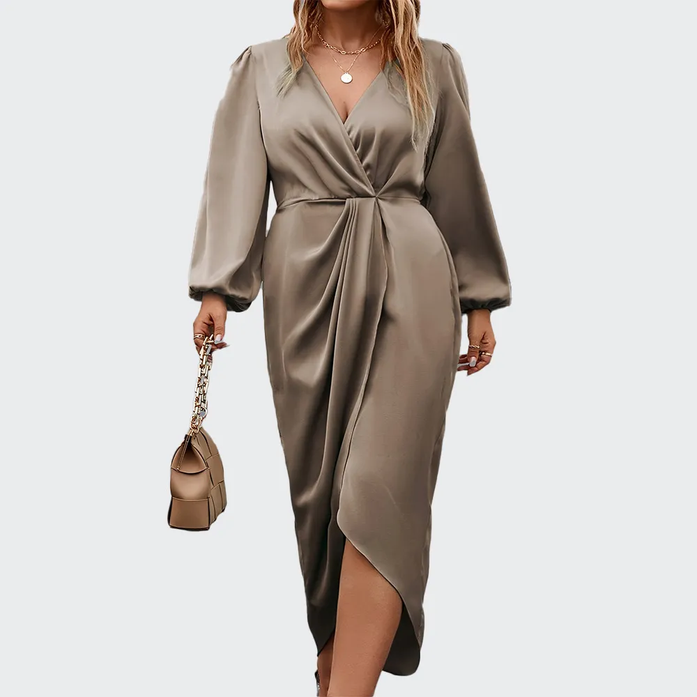 Women Elegant Plus Size V-Neck Long Sleeve Dress