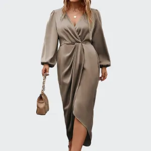 Women Elegant Plus Size V-Neck Long Sleeve Dress