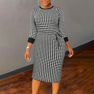 Women Fashion Plus Size Houndstooth Print Crewneck Long Sleeve Lace-Up Dress