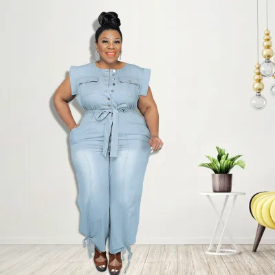 Women Plus Size Denim Lace-Up Jumpsuit Sleeveless Fresh Sweet