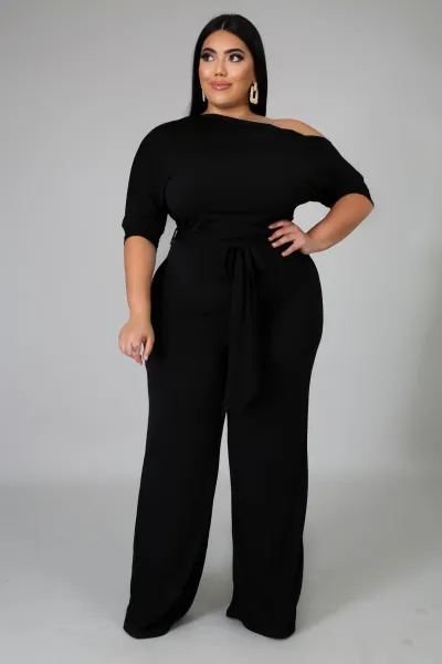 Women Plus Size Solid Color Oblique Shoulder Lace-Up Wide-Leg Jumpsuit