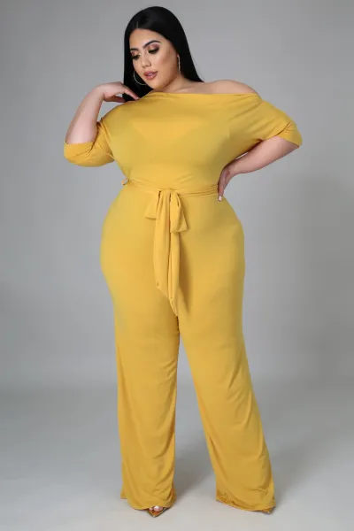 Women Plus Size Solid Color Oblique Shoulder Lace-Up Wide-Leg Jumpsuit