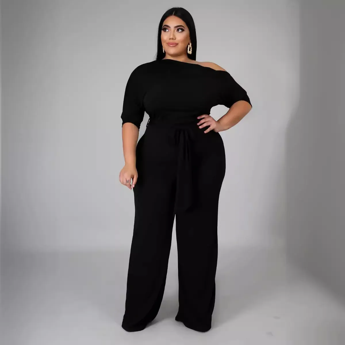 Women Plus Size Solid Color Oblique Shoulder Lace-Up Wide-Leg Jumpsuit