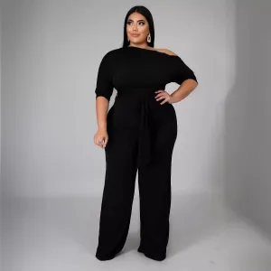 Women Plus Size Solid Color Oblique Shoulder Lace-Up Wide-Leg Jumpsuit