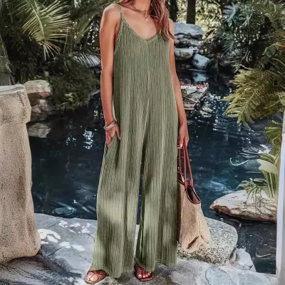 Women Plus Size V-Neck Sling Solid Color Jumpsuits