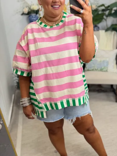 Summer Women Casual Loose Stripe Print Plus Size Cotton T-Shirt