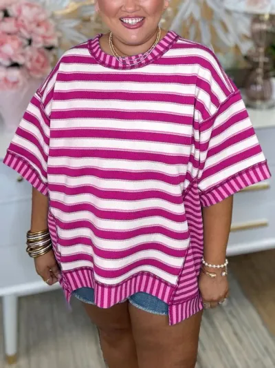 Summer Women Casual Loose Stripe Print Plus Size Cotton T-Shirt