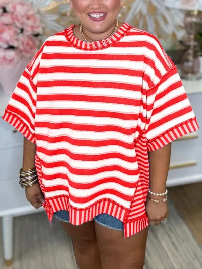 Summer Women Casual Loose Stripe Print Plus Size Cotton T-Shirt