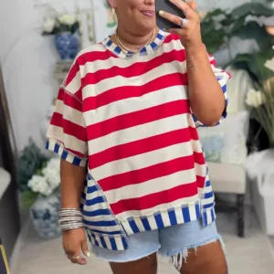 Summer Women Casual Loose Stripe Print Plus Size Cotton T-Shirt