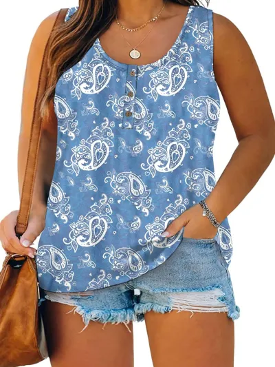 Summer Women Casual Plus Size 3D Printed Sleeveless Pullover Top