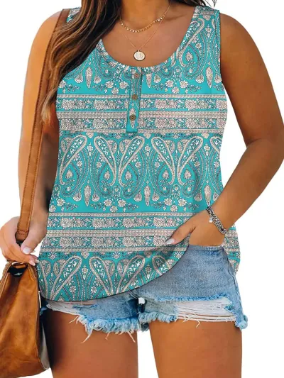 Summer Women Casual Plus Size 3D Printed Sleeveless Pullover Top