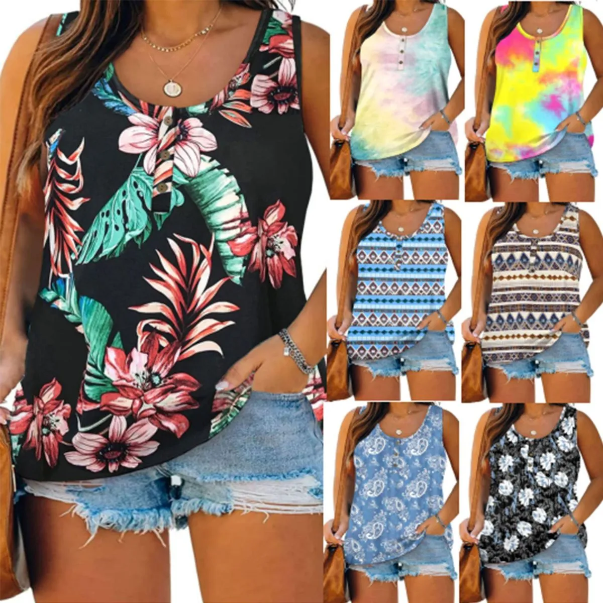 Summer Women Casual Plus Size 3D Printed Sleeveless Pullover Top