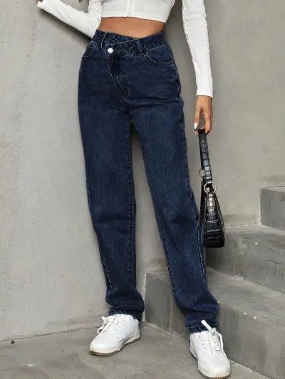 Women Casual High Waist Loose Straight Jeans - Street Style