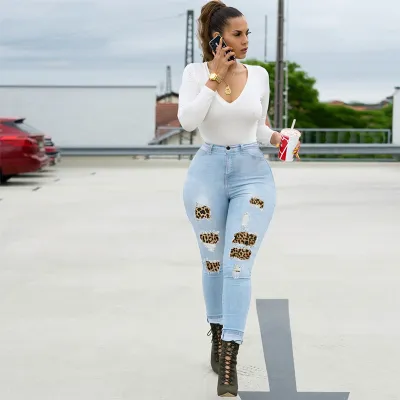 Women Fashion Slim High Waist Stretch Leopard Print Skinny Jeans