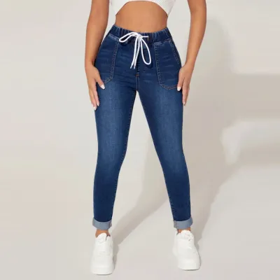 Women Fashion Drawstring Elastic Waist High Elastic Skinny Jeans