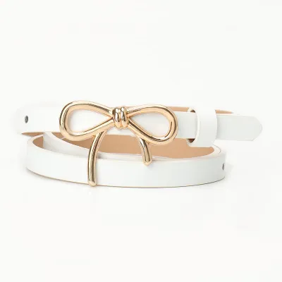 Women Simple Sweet Alloy Bow Buckle PU Belt