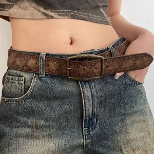 Women Retro Y2K Ethnic Pattern PU Leather Pin Buckle Belt