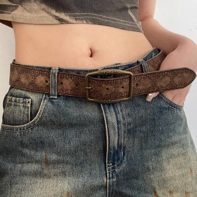 Women Retro Y2K Ethnic Pattern PU Leather Pin Buckle Belt
