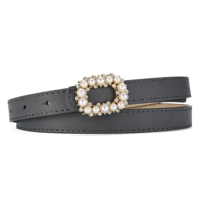 Women Fashion Pearl Inlaid Plate Buckle Belt