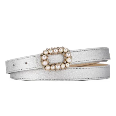 Women Fashion Pearl Inlaid Plate Buckle Belt