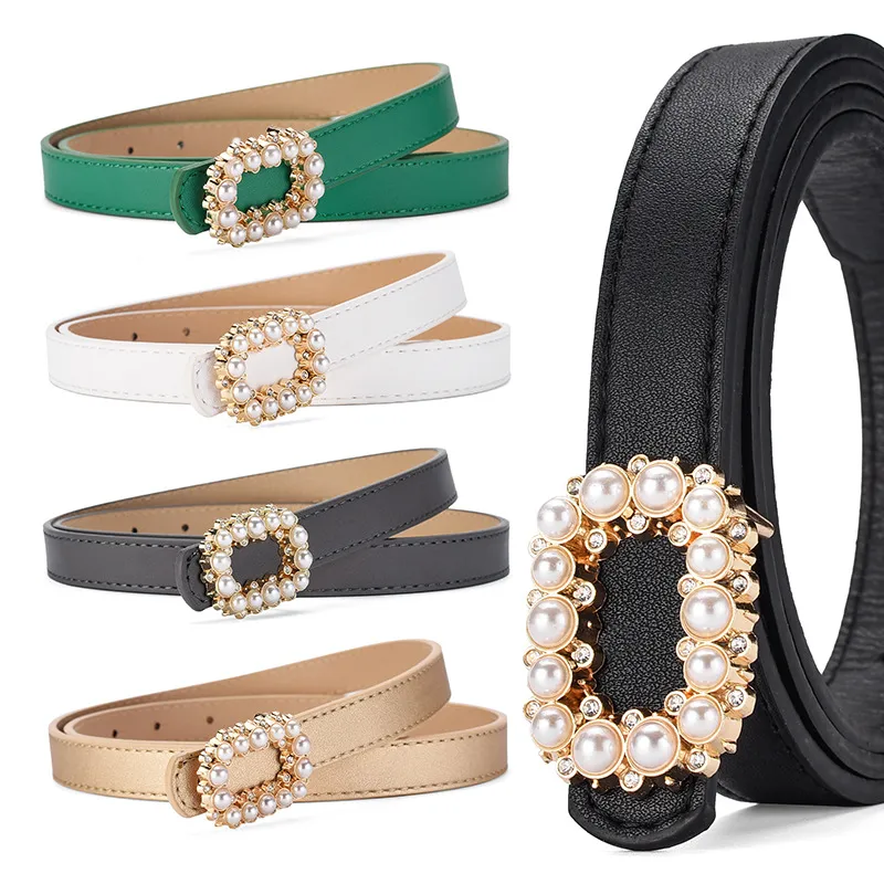 Women Fashion Pearl Inlaid Plate Buckle Belt