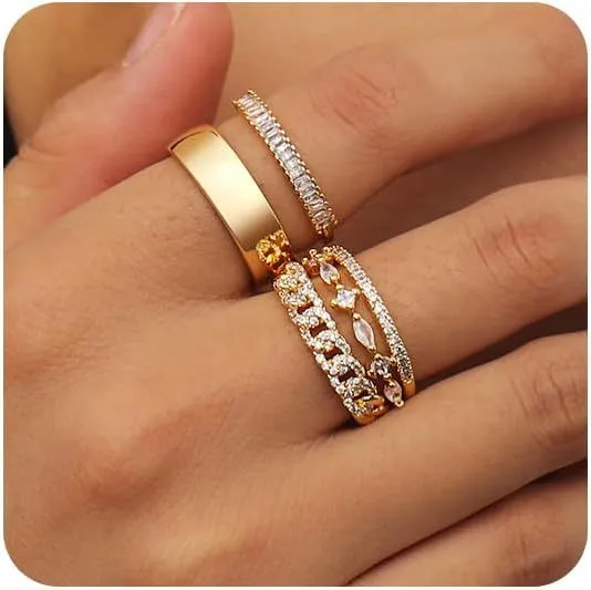 Women's Geometric Rhinestone Stackable Five-Piece Ring Set