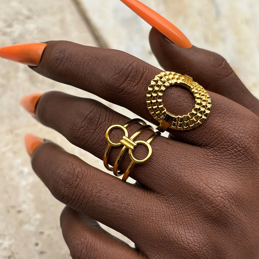Women Fashion Exaggerated Irregular Geometry Stainless Steel Open Ring Set