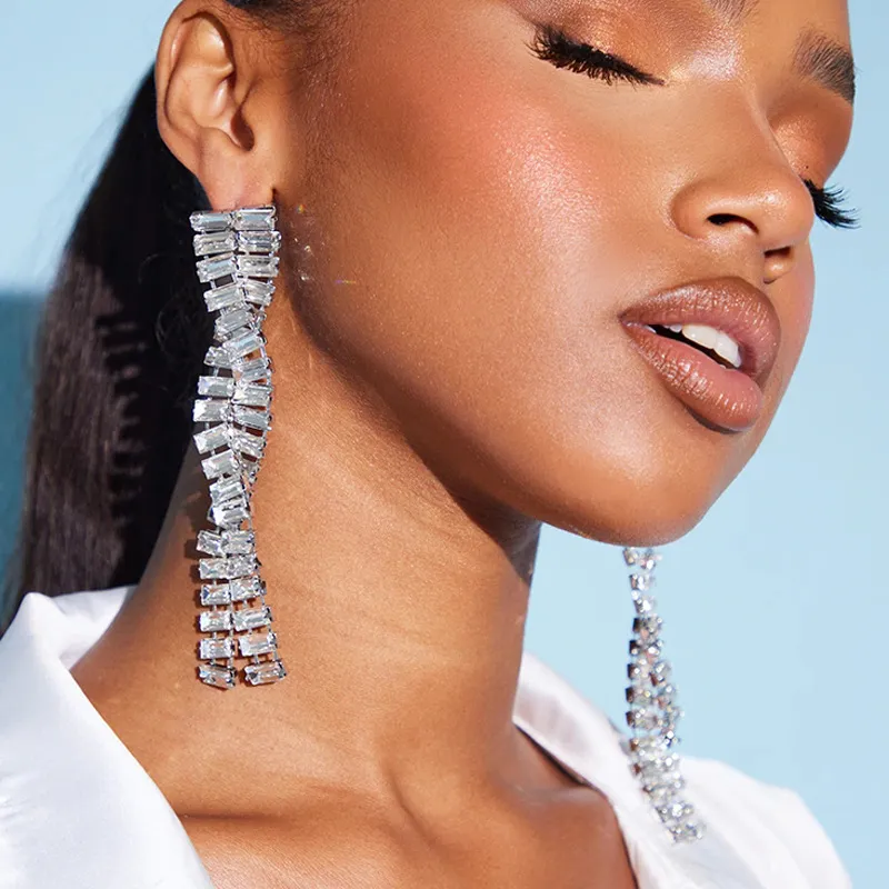 Women Fashion Exaggerated Full Rhinestone Cross Earrings Geometric Sexy