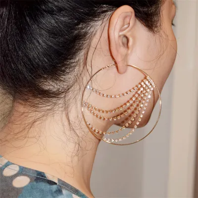 Women Fashion Exaggerated Rhinestone Chain Circle Drop Earrings