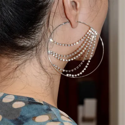 Women Fashion Exaggerated Rhinestone Chain Circle Drop Earrings