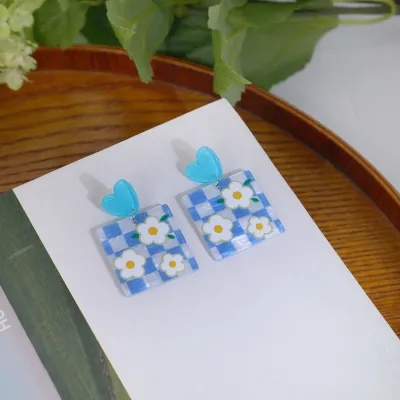 Women Simple Sweet Oil Painting Butterfly Heart-Shaped Floral Acrylic Earrings