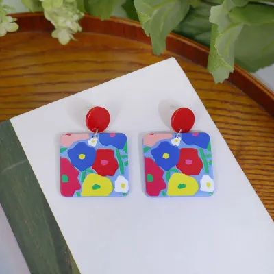 Women Simple Sweet Oil Painting Butterfly Heart-Shaped Floral Acrylic Earrings