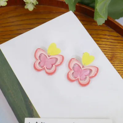 Women Simple Sweet Oil Painting Butterfly Heart-Shaped Floral Acrylic Earrings
