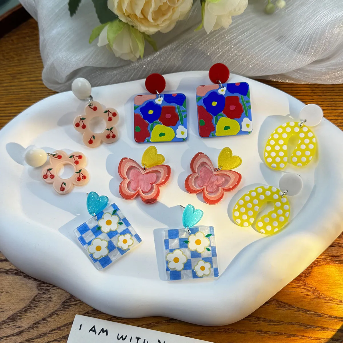 Women Simple Sweet Oil Painting Butterfly Heart-Shaped Floral Acrylic Earrings