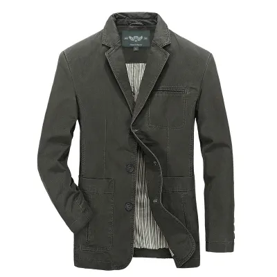 Spring Autumn Plus Size Cotton Men Casual Solid Color Multi-Pocket Blazer