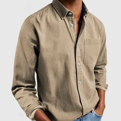 Casual Solid Color Men Long Sleeve Lapel Shirt with Pocket