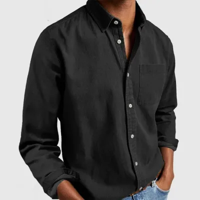 Casual Solid Color Men Long Sleeve Lapel Shirt with Pocket