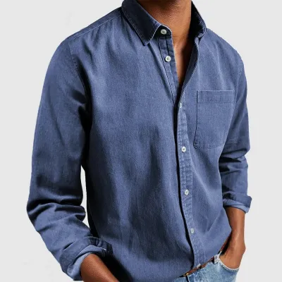 Casual Solid Color Men Long Sleeve Lapel Shirt with Pocket
