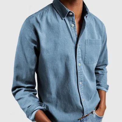 Casual Solid Color Men Long Sleeve Lapel Shirt with Pocket