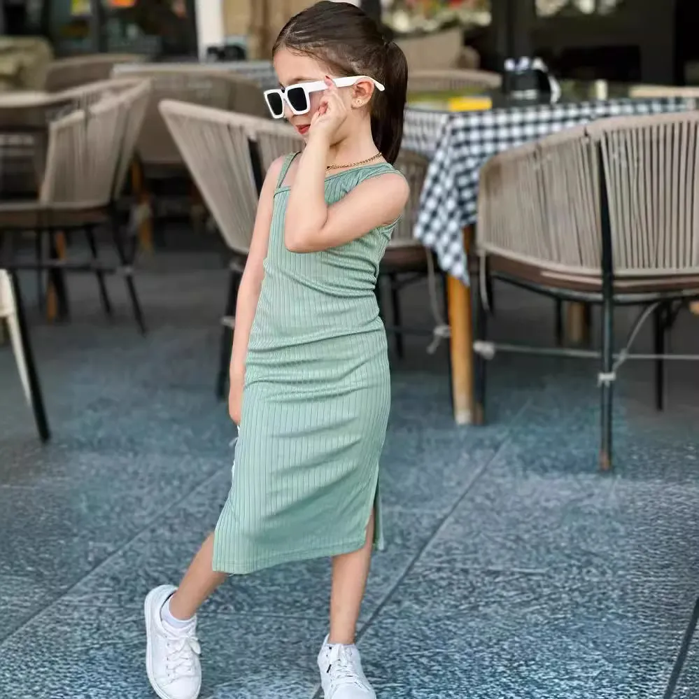Summer Toddler Girls Solid Color Elastic Slim College Sling Dress