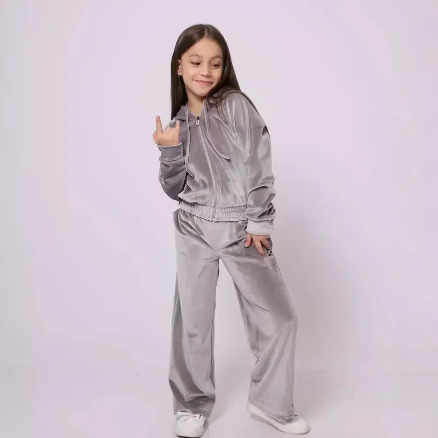 Toddler Girls Velvet Zipper Hoodie Pants Set Casual Two-Piece Sports Outfit