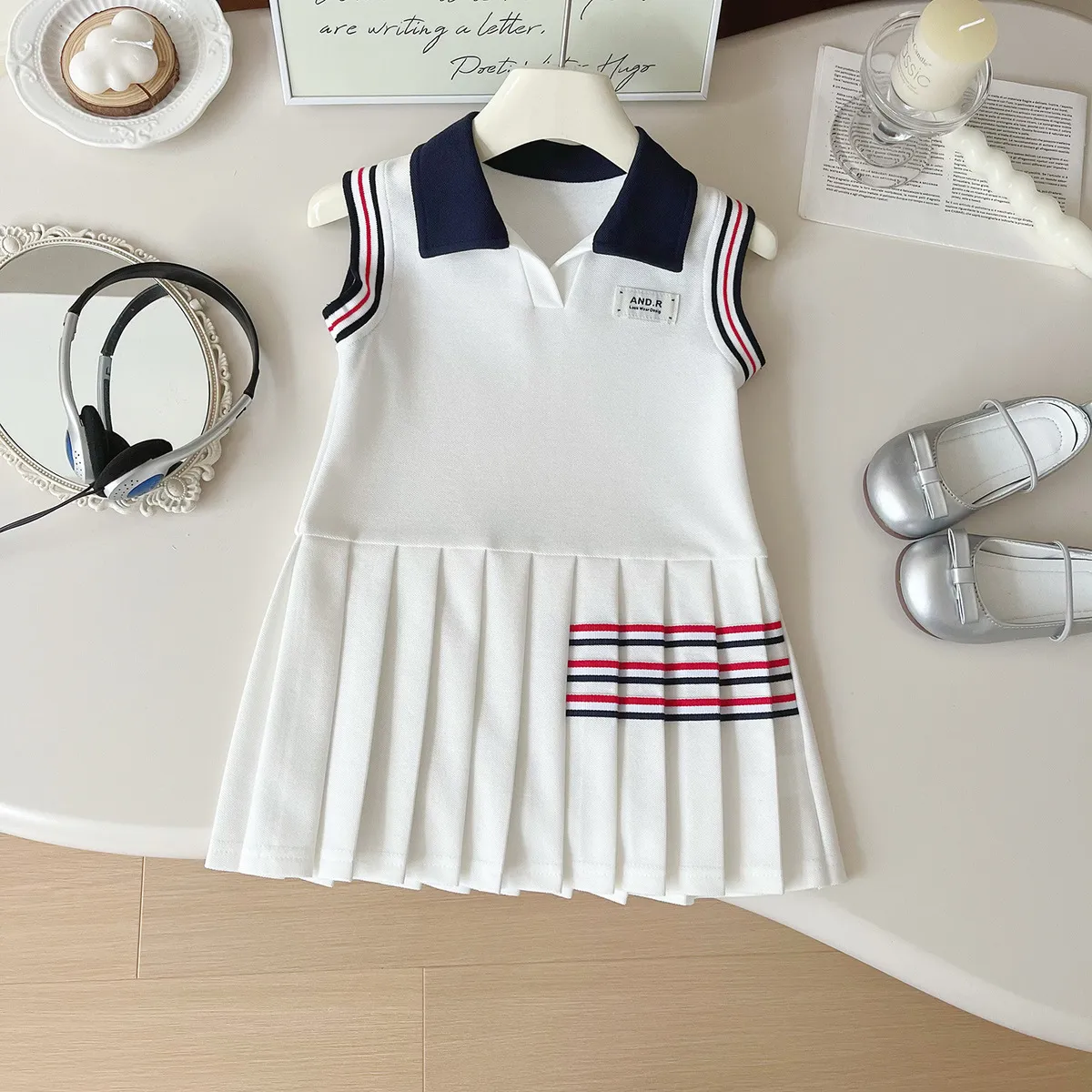 Toddler Girls Pleated Skirt Summer Fashion Rib-Knit Lapel Polo Sleeveless Dress