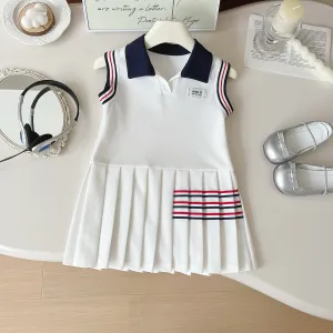 Toddler Girls Pleated Skirt Summer Fashion Rib-Knit Lapel Polo Sleeveless Dress