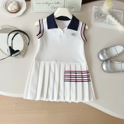 Toddler Girls Pleated Skirt Summer Fashion Rib-Knit Lapel Polo Sleeveless Dress
