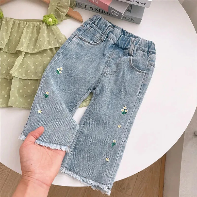 Kids Toddler Girls Floral Embroidered Straight Capri Denim Jeans Mid-Waist